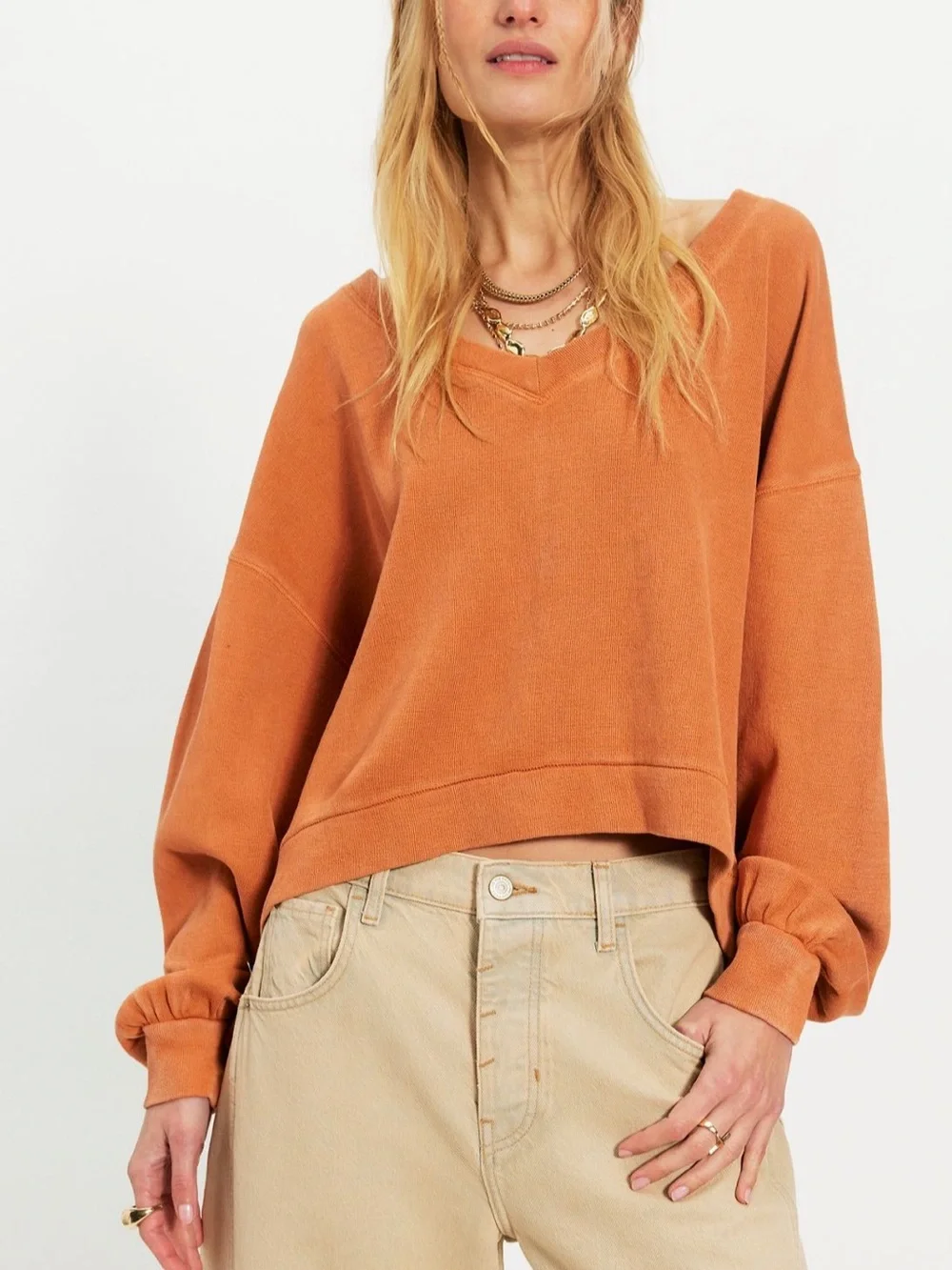 NWT Free People Comfort Zone V Neck Pullover Orange Fall Halloween Sweater Top